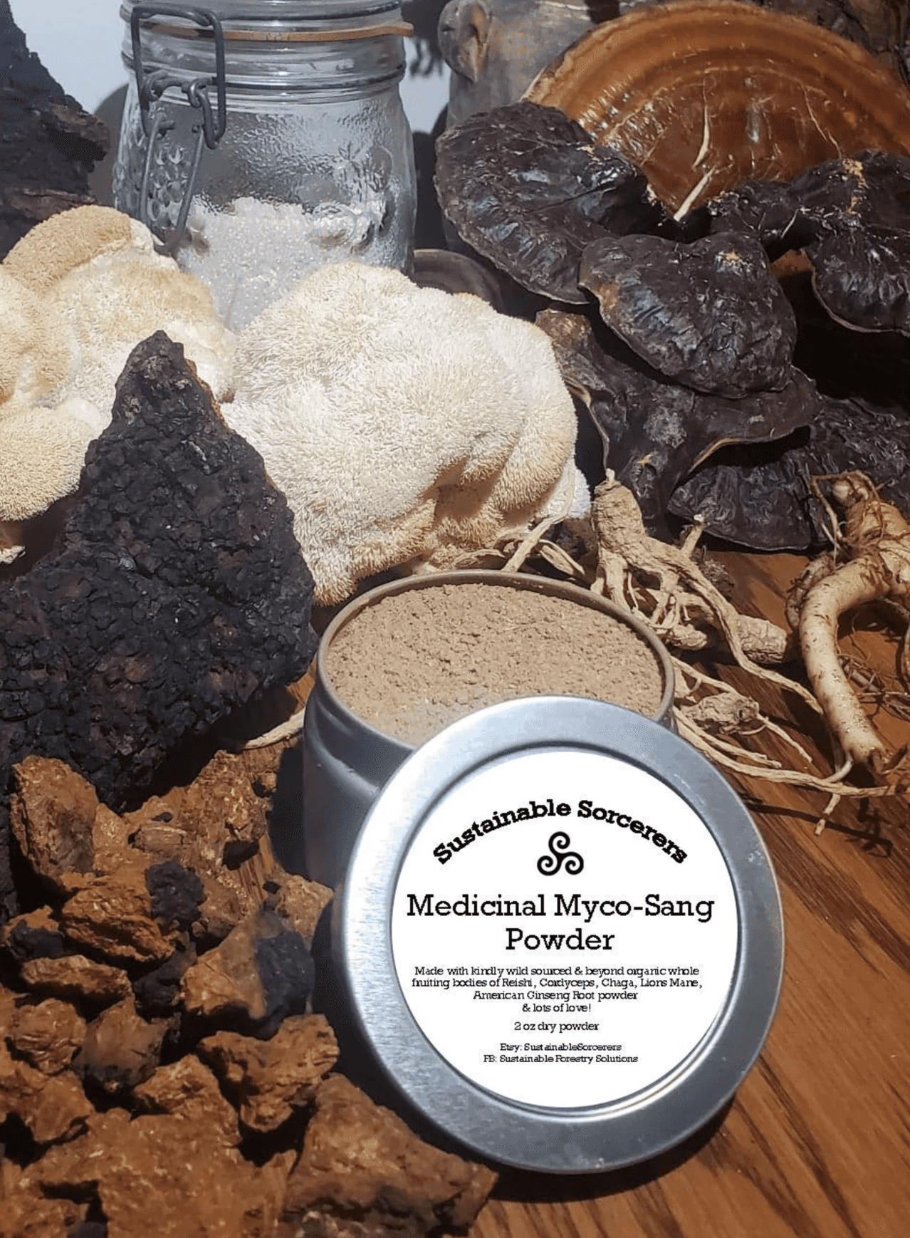 Wild Forest Mushroom Powder Blend with American Ginseng Adaptogenic Northeastern Blend Reishi Cordyceps Chaga Lions Mane