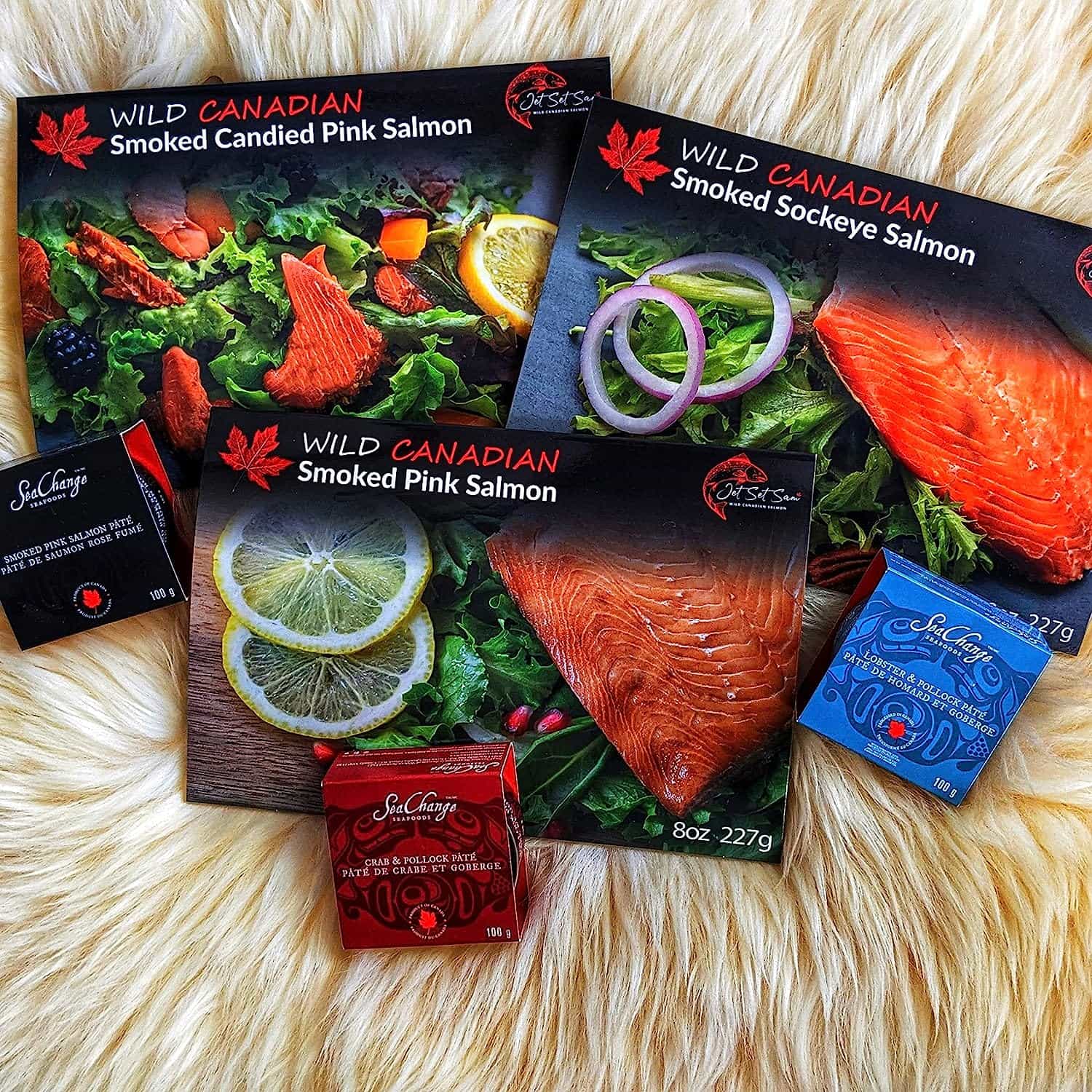 Smoked Salmon Food Gift Pack Featuring Wild Canadian Salmon, Lobster Spread, Crab Pate and Salmon Spread
