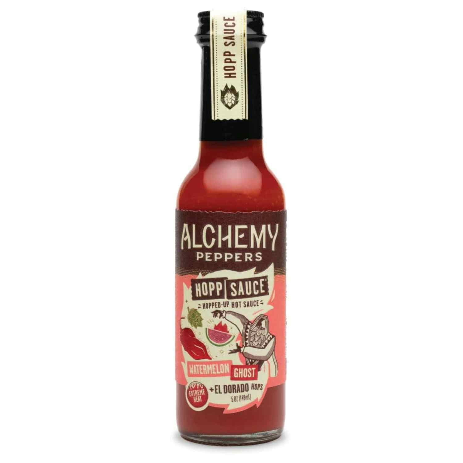 Watermelon Ghost Pepper + El Dorado Hops Hot Sauce by Alchemy Peppers - Scorching Hot Ghost Peppers, Tropical El Dorado Hops, and Sweet Watermelon Purée - Extreme Heat - 5 oz (12 Pack)