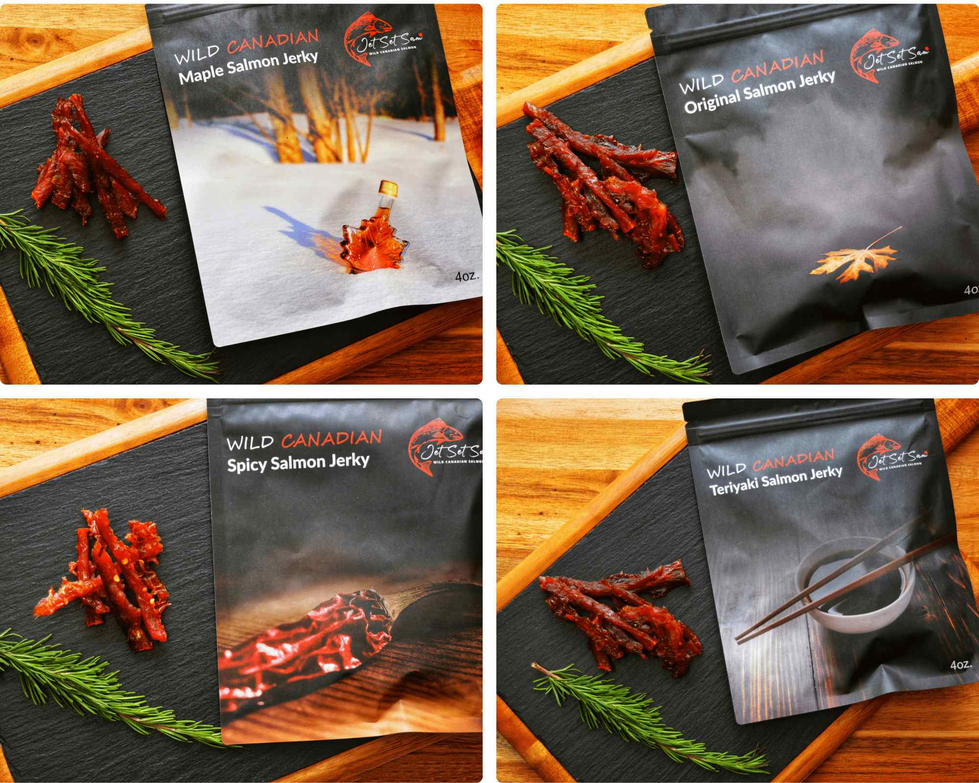 4 Pack Wild Canadian Smoked Salmon Jerky 4 oz Packs - Original, Spicy, Teriyaki and Maple Flavor