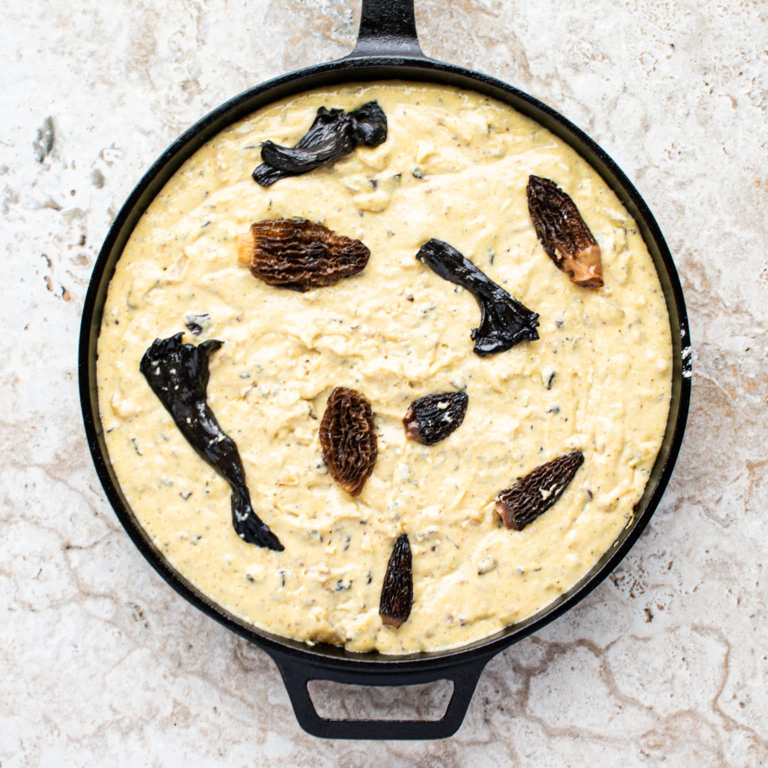 Pour into pan & top with mushrooms